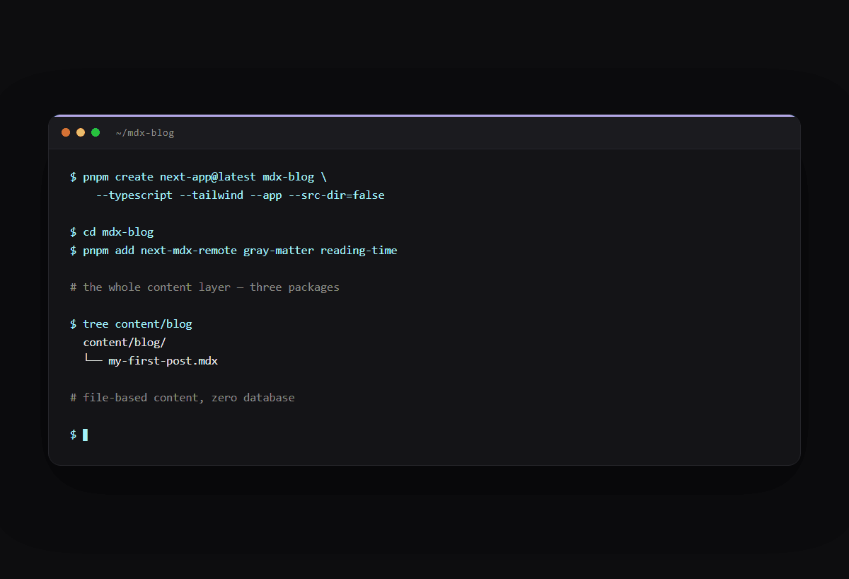 Terminal session installing next-mdx-remote, gray-matter and reading-time, and the content/blog file tree