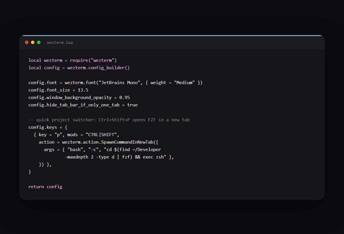 Wezterm configuration file showing the font, window and FZF project-switcher keybinding from this setup