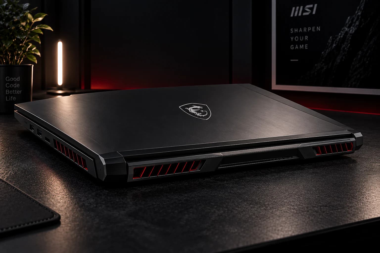 Closed MSI Katana GF76 laptop showing its rear chassis and cooling vents