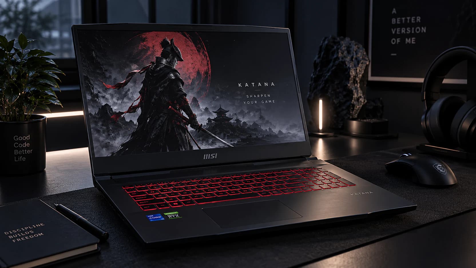 MSI Katana GF76 laptop open at a three-quarter angle on a dark desk, screen lit and keyboard backlit red