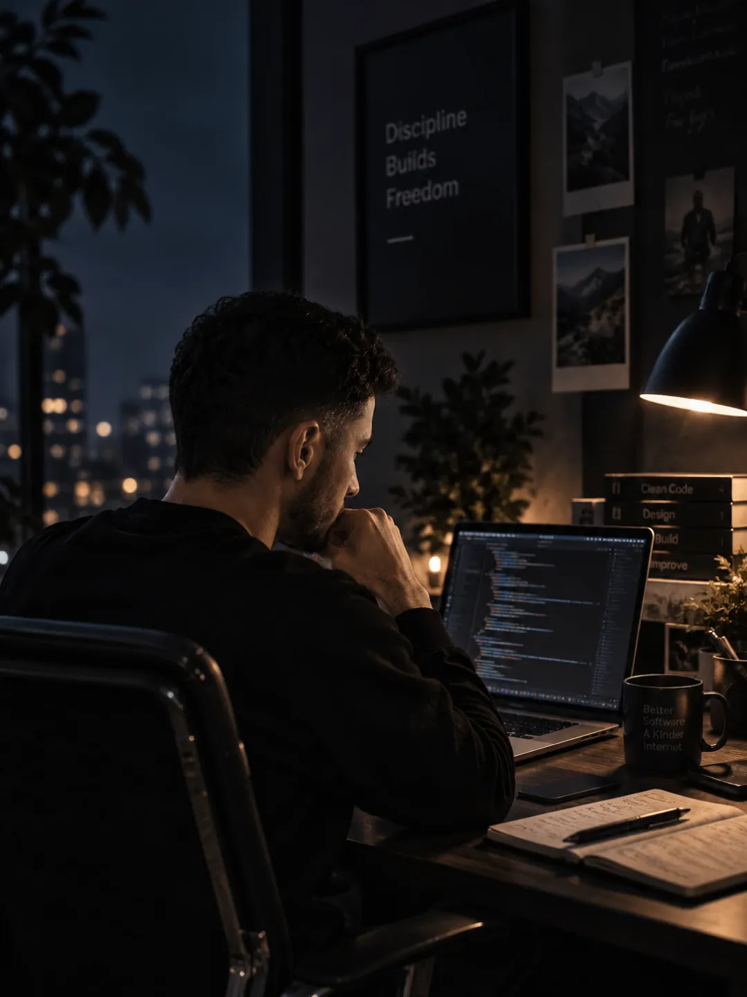 Working at a desk at night, laptop and notebook under a single lamp