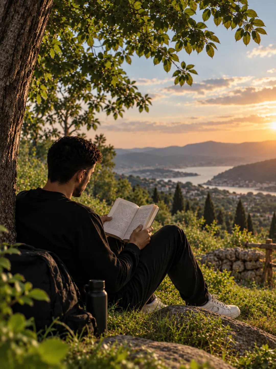 Reading a book under a tree on a hillside at sunset, a bay in the distance